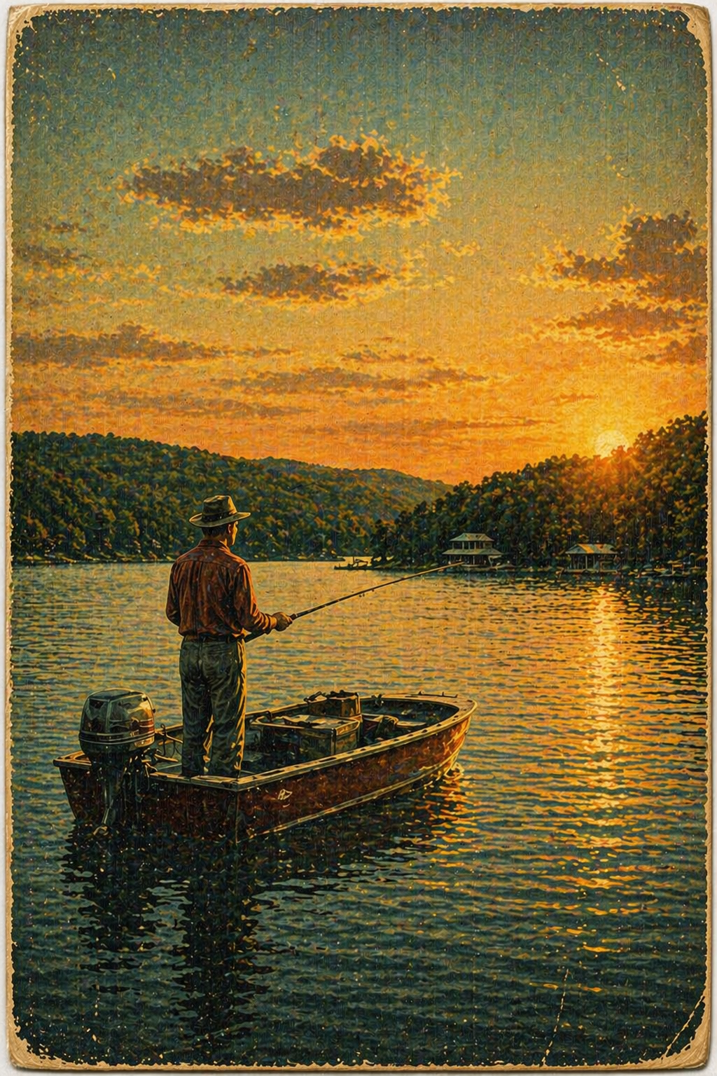 Vintage fishing postcard illustration at Lake of the Ozarks